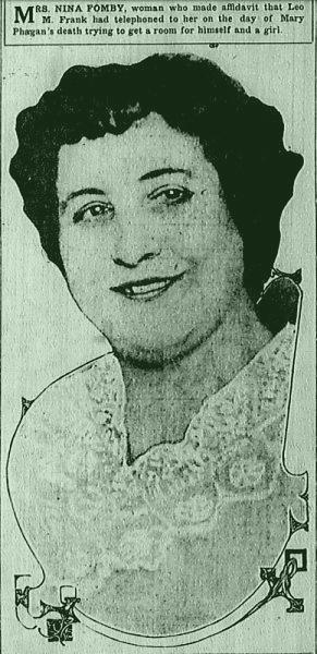 Mrs. Nina Fomby, woman who made affidavit that Leo M. Frank had telephoned to her on the day of Mary Phagan's death trying to get a room for himself and a girl.